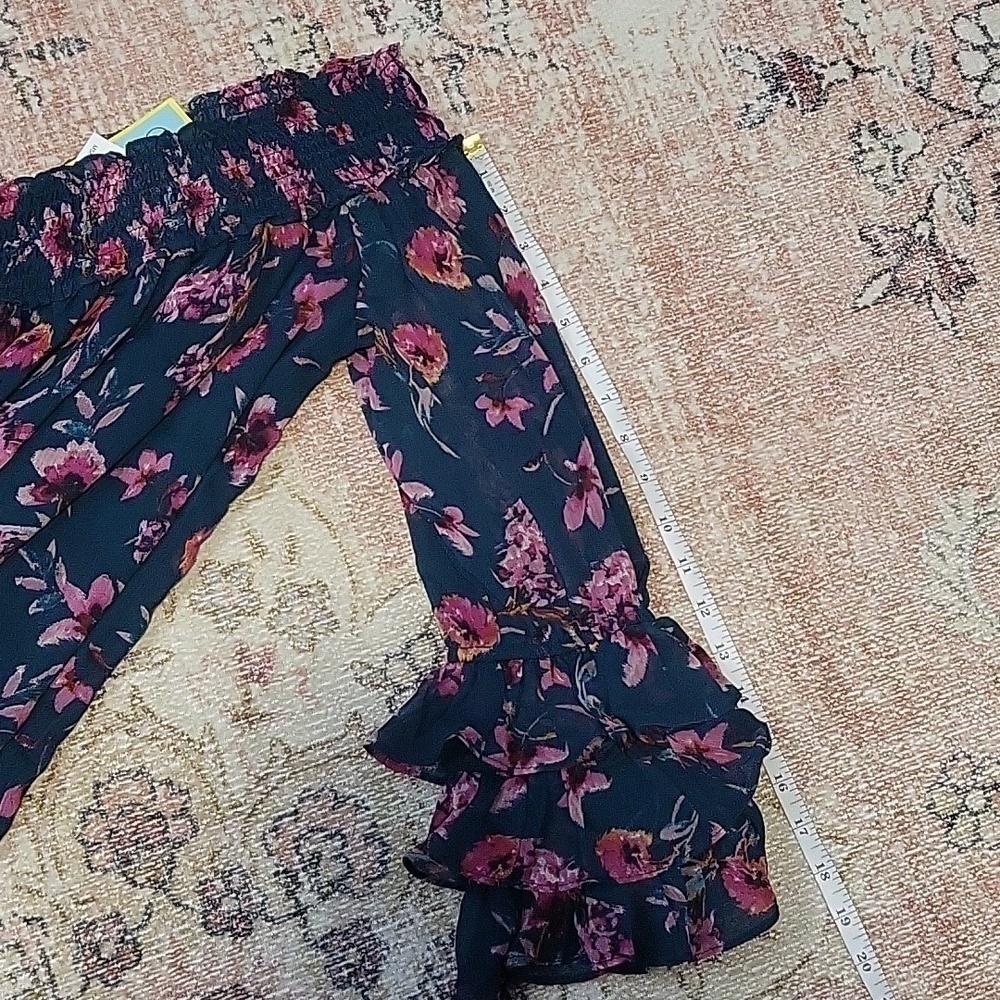 CeCe Floral On or Off The Shoulder Lined Sheer Sleeve Teal Pink Floral Top Sz S - Picture 9 of 9